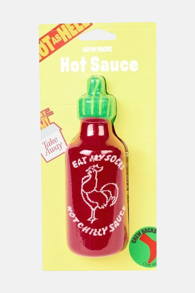 Meerkleurige sokken van EAT MY SOCKS in de vorm van een hete saus fles, met een afbeelding van een haan.

