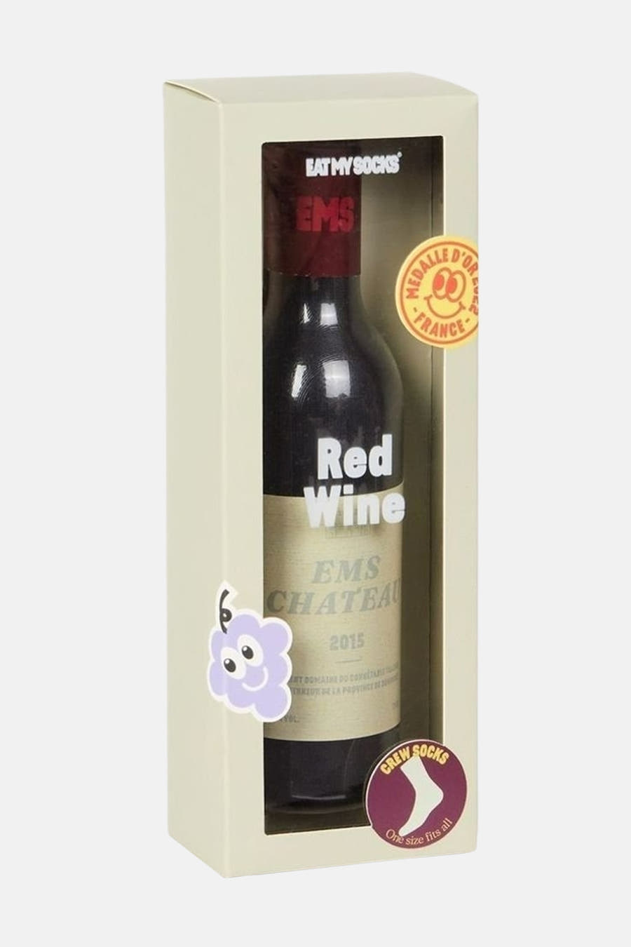 Chaussettes multicolores d'EAT MY SOCKS dans un emballage en forme de bouteille avec un étiquette de raisin et un médaillon.