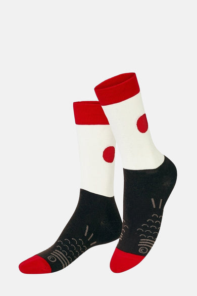 Multikleurige sokken van EAT MY SOCKS, met een kleurblokdesign en rode details op de teen.

