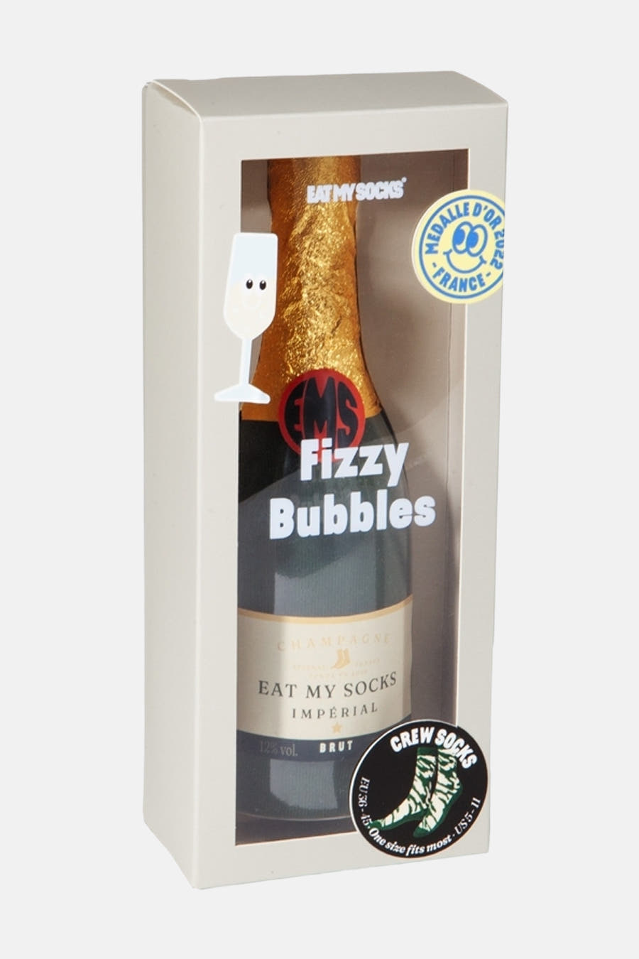 Chaussettes multicolores d'EAT MY SOCKS, présentées dans un emballage bouteille de champagne avec avec étiquette "Fizzy Bubbles".