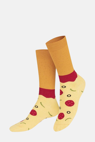 Chaussettes multicolores d'EAT MY SOCKS avec un motif pizza.