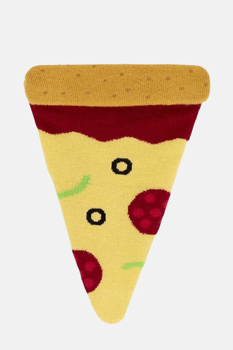 Multicolor sokken van EAT MY SOCKS, met een pizzadesign inclusief pepperoni, olijven en groene paprika.

