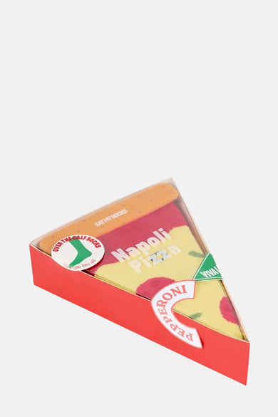 Chaussettes multicolores d'EAT MY SOCKS, emballées comme un point de pizza avec des inscriptions et des étiquettes.