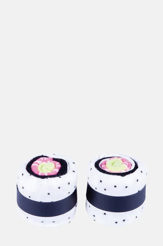Multicolor sokken van EAT MY SOCKS in de vorm van sushi rollen, met donkere band en kleine stippen.
