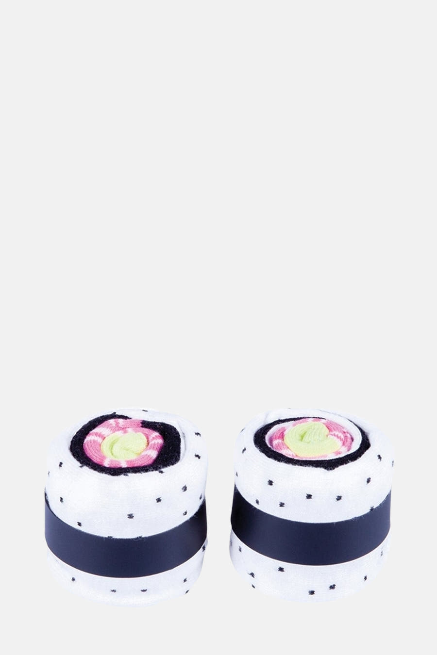 Chaussettes multicolores d'EAT MY SOCKS en forme de rouleaux de sushi, avec une bande sombre et de petits points.