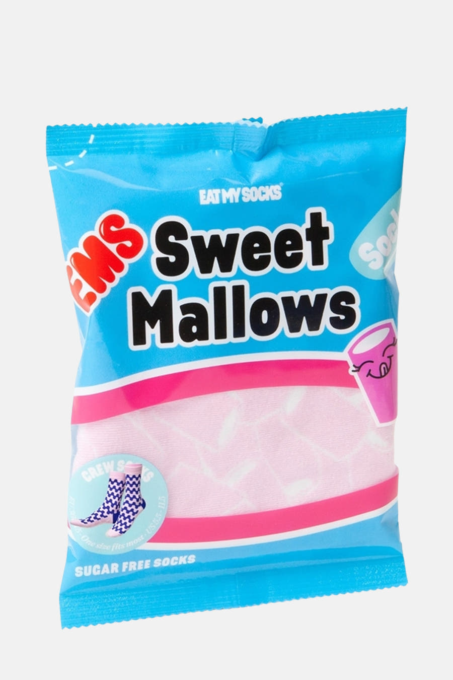 Chaussettes multicolores d'EAT MY SOCKS, emballées dans un sac bleu avec des accents roses et un motif marshmallow.