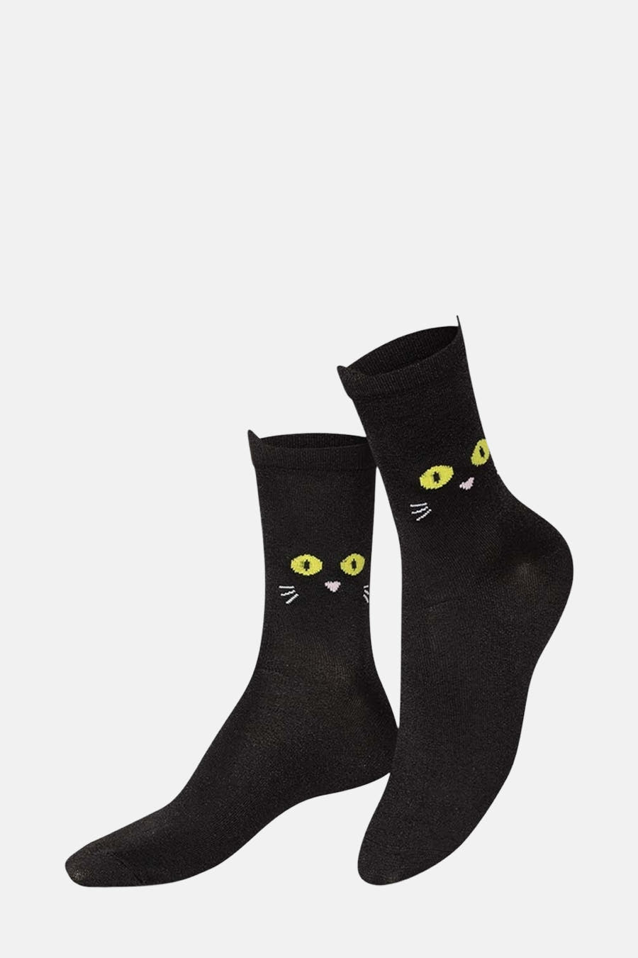 Zwarte sokken van EAT MY SOCKS, met kattengezicht en snorharen.
