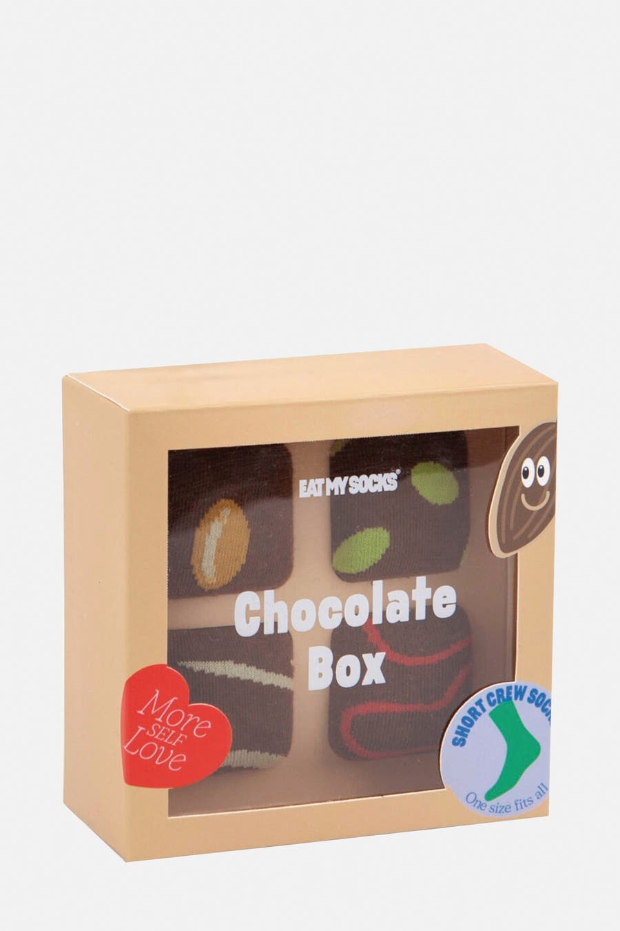Chaussettes multicolores d'Eat My Socks, avec des motifs en chocolat dans une boîte-cadeau, comprenant un autocollant "More Self Love".