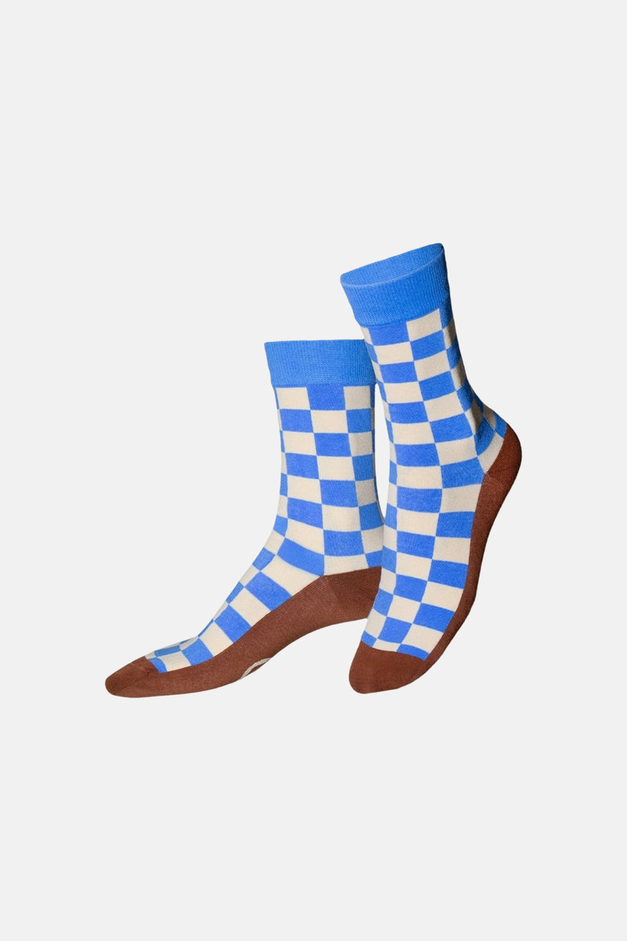 Multicolor toilettas met blauw-wit ruitpatroon van EAT MY SOCKS, bruine voet en kuitband, front view