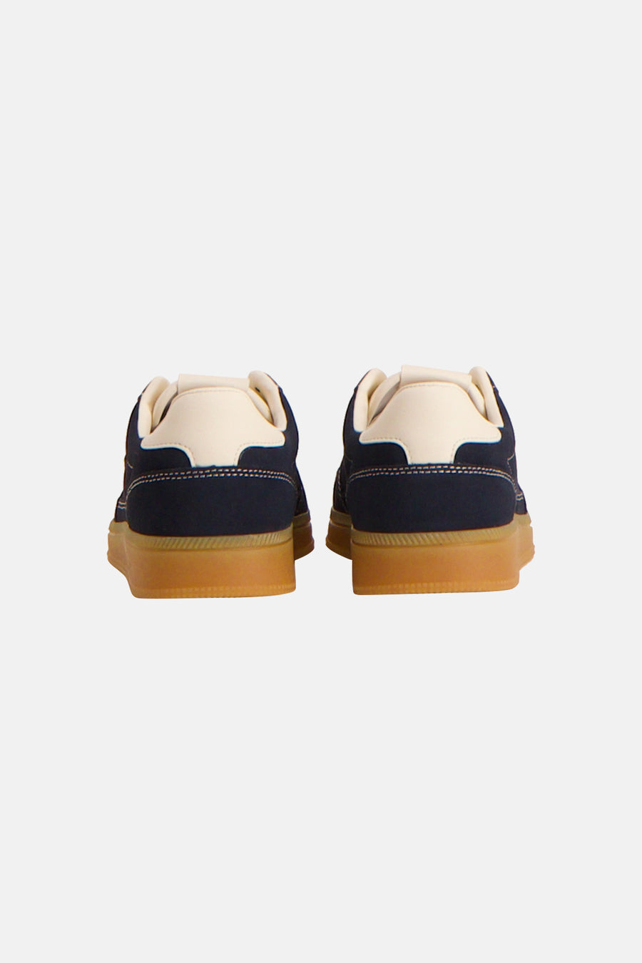 Blauwe sneakers met crèmekleurige hak en gomzool van TOMMY JEANS, achterzijde weergegeven