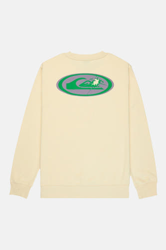 Pull écru Quiksilver, avec un imprimé logo ovale vert et violet au dos.