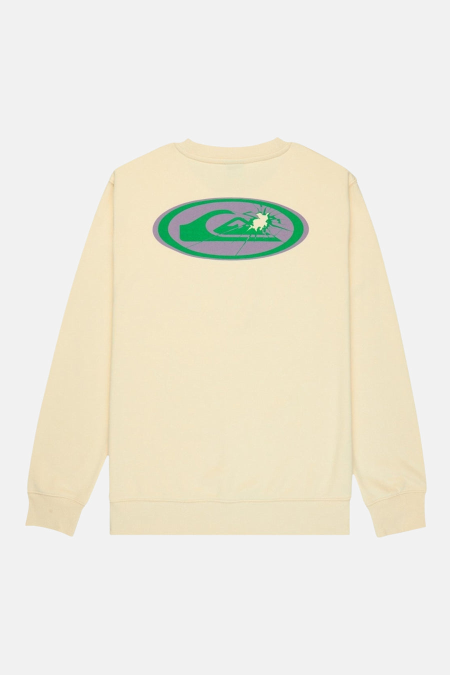 Pull écru Quiksilver, avec un imprimé logo ovale vert et violet au dos.