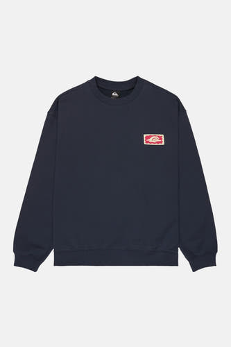 Blauwe sweater van Quiksilver, met lange mouwen en een klein logo op de borst.

