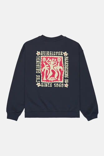 Blauwe sweater met ronde hals van Quiksilver, met een roze print op de rug met palmbomen en tekst.