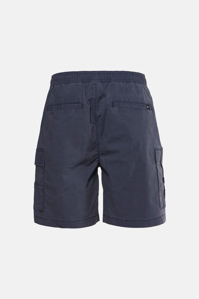 Short bleu Quiksilver avec taille élastique, poches cargo plaquées, poches arrière et logo, côté dos.