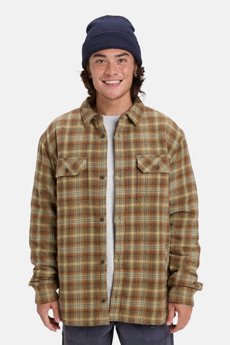 Chemise multicolore à longues manches de Quiksilver, avec un motif de fenêtre et une doublure sherpa grise.