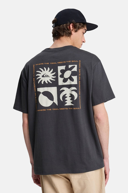 Zwart T-shirt van Quiksilver, met vierkant grafisch motief op de rug en een zwarte pet.
