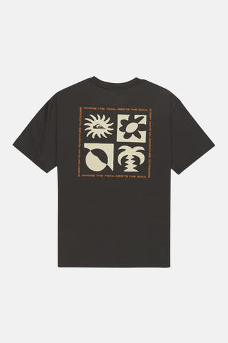 T-shirt noir Quiksilver avec un motif graphique carré dans le dos, avec texte et images.