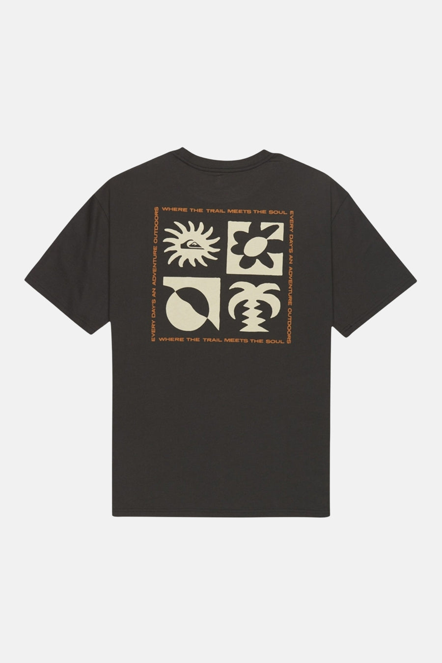T-shirt noir Quiksilver avec un motif graphique carré dans le dos, avec texte et images.