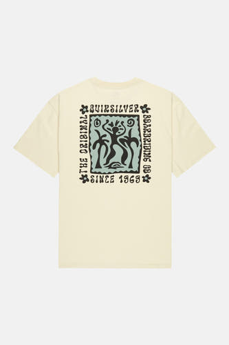 Ecru T-shirt met korte mouwen van Quiksilver, met een blauwgroene print op de achterkant en zwarte letters en bloemen.

