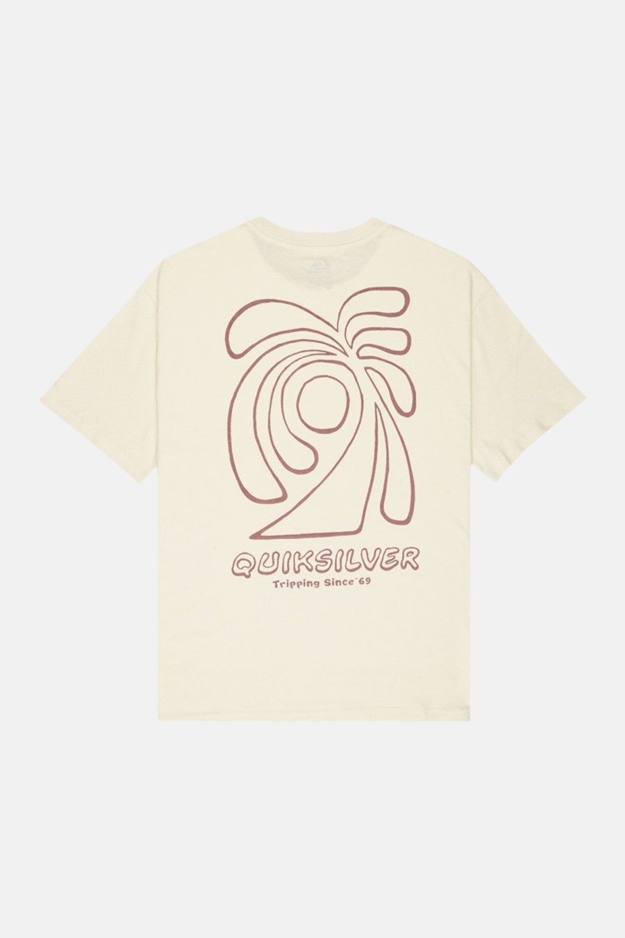 Ecru T-shirt met korte mouwen van Quiksilver, met abstracte bruine palmboomprint op de rug.