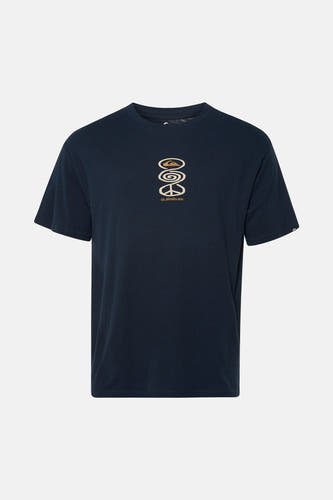 T-shirt bleu Quiksilver avec un imprimé du logo et un signe de paix sur le devant.