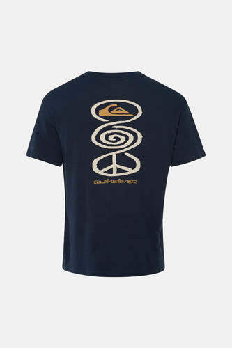 T-shirt bleu de Quiksilver, avec un imprimé vertical de symboles dans le dos.