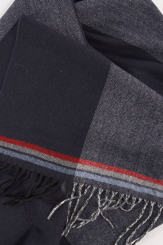 Écharpe d'hiver bleue Access® avec franges et un motif de lignes et de points.