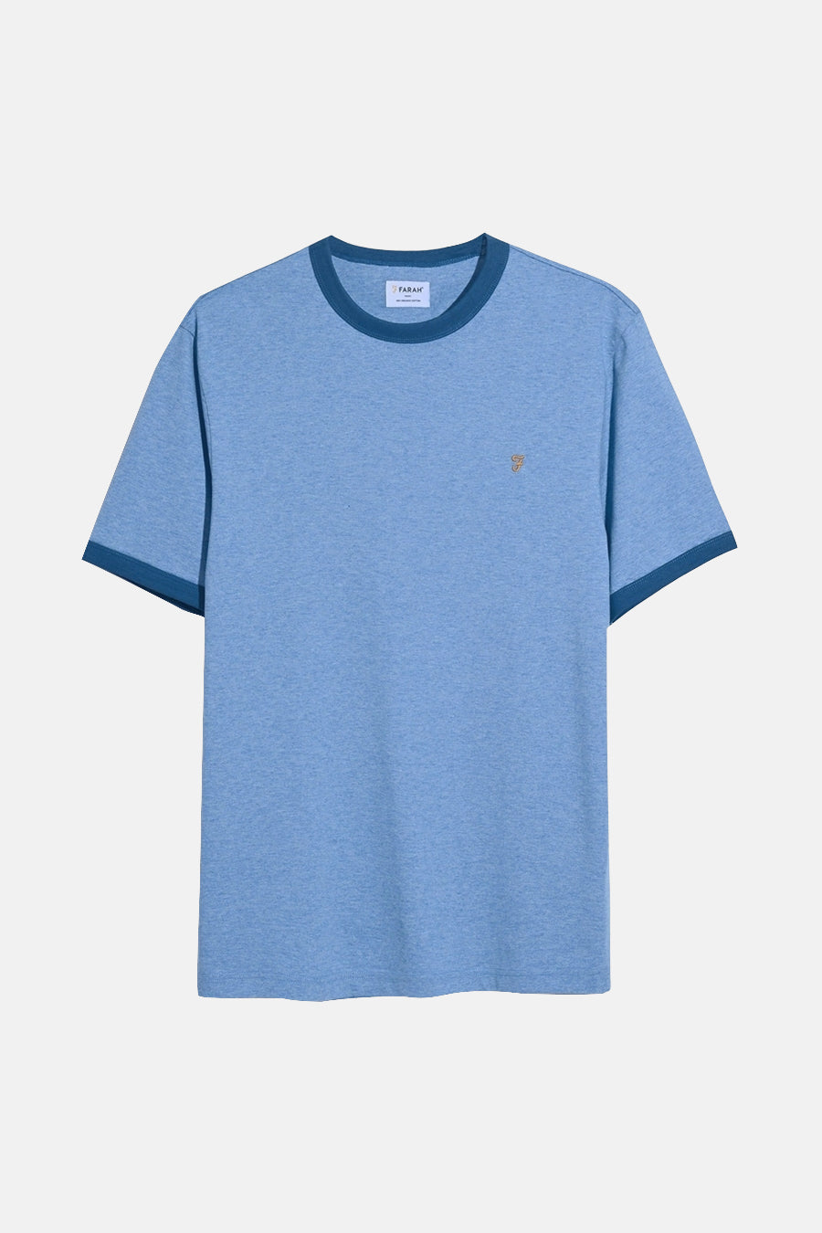 Blauw T-shirt met donkerblauwe boorden.