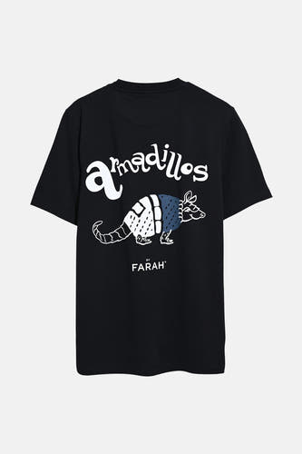 Zwart T-shirt met korte mouwen van FARAH, met illustratie van een gordeldier en tekst op de achterkant.
