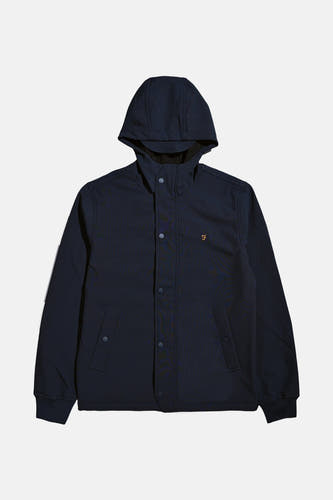 Manteau court bleu de FARAH, avec capuche et fermeture à boutons.