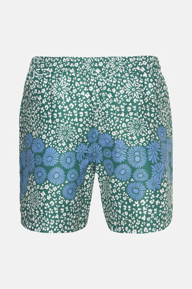 Maillot de bain vert de Farah, avec un motif floral en bleu et des accents blancs.