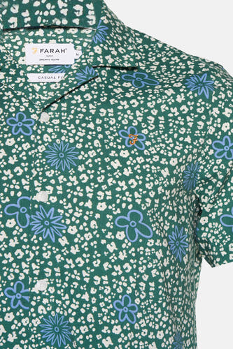 Groen overhemd met korte mouwen van FARAH, met een witte en blauwe bloemenprint.