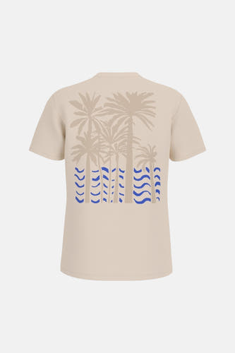Beige T-shirt met korte mouwen van Guess, met palmboommotief en blauwe golfpatronen op de achterkant.