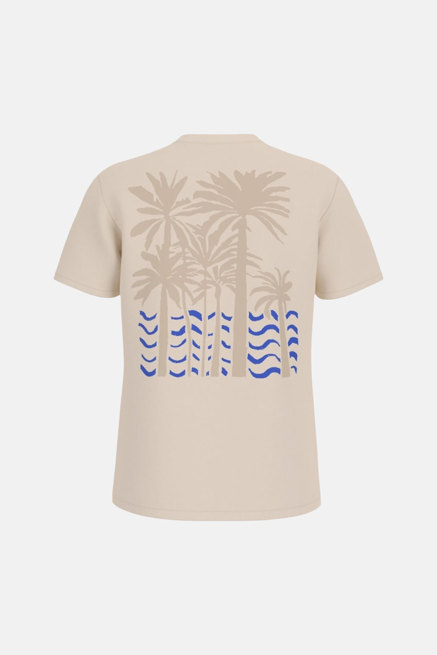 Beige T-shirt met korte mouwen van Guess, met palmboommotief en blauwe golfpatronen op de achterkant.