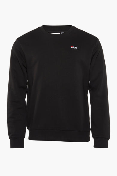 Sweat-shirt noir à col rond de FILA avec petit logo sur la poitrine, bords-côtes au col et aux manches, vue de face