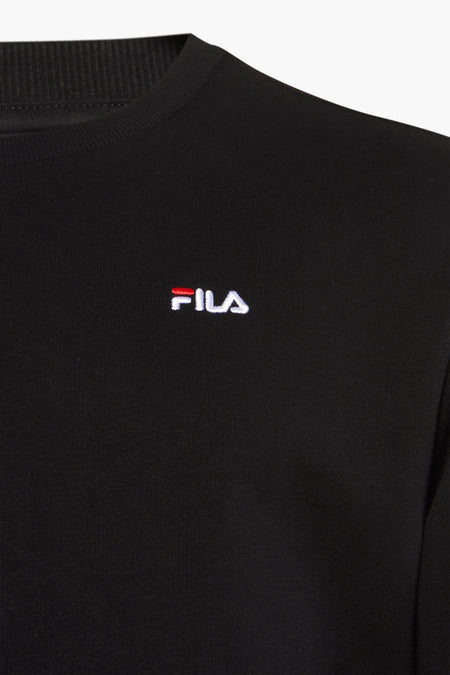 Sweat-shirt noir à col rond de FILA avec logo brodé sur la poitrine, mélange de coton fin, gros plan sur le devant