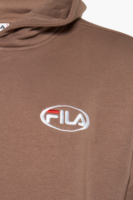 Bruine sweater met kap van FILA, met geborduurd logo op de borst.