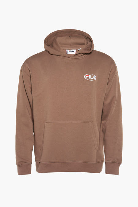 Bruine sweater met kap van FILA, met logo op de borst en een buidelzak.