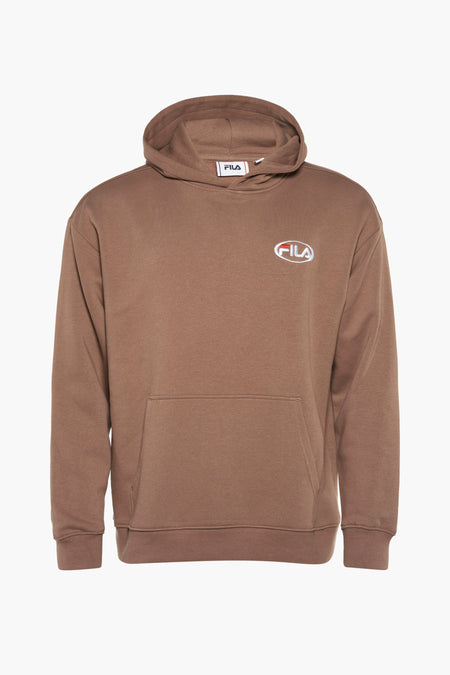 Bruine sweater met kap van FILA, met logo op de borst en een buidelzak.