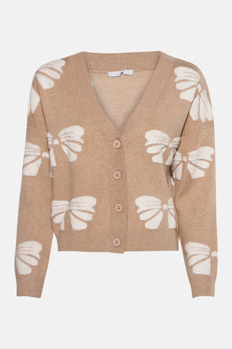 Beige cardigan van HAILYS, versierd met een wit strikjespatroon en knoopsluiting.
