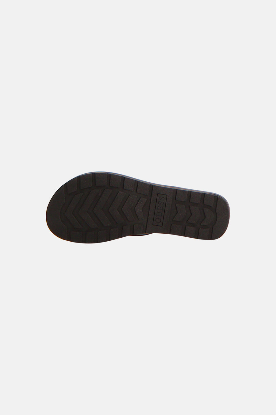Zwarte slippers van Guess met grove geprofileerde zool en verticaal Guess logo.