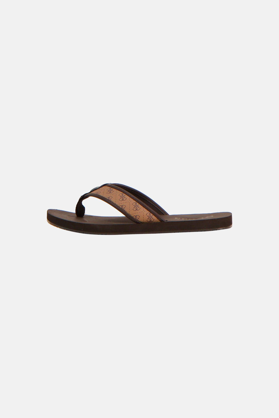 Bruine slippers van Guess met een logopatroon op de bandjes.
