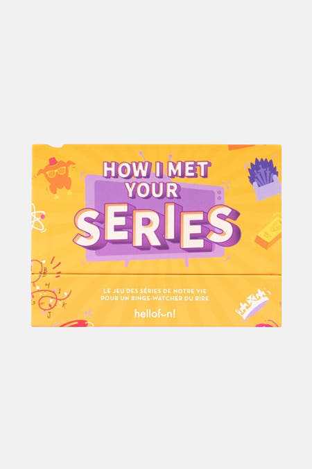 Cadeau multicolore d'HELLOFUN, avec le texte "How I Met Your Series" et différentes illustrations amusantes.