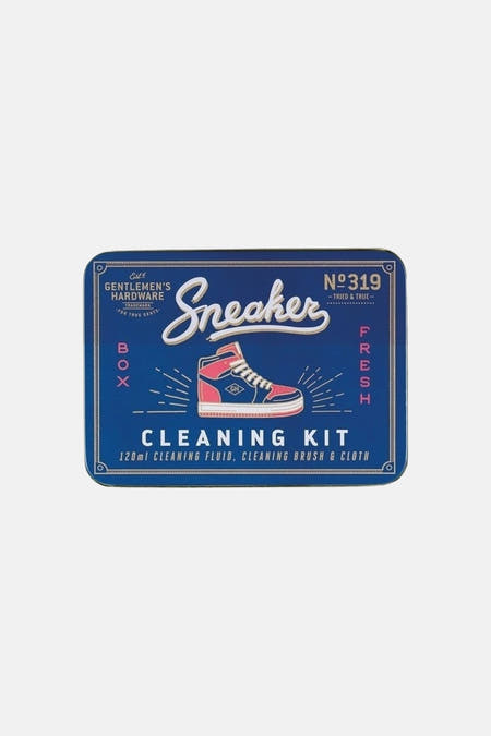 Blauwe schoenverzorgingskit van Gentlemen's Hardware met witte lettering en roze sneakerillustratie, rechthoekig metaalverpakking