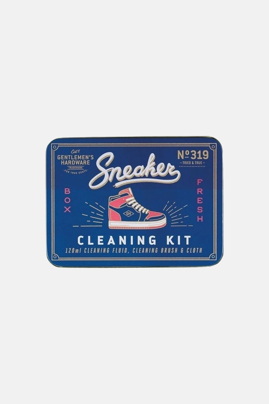 Blauwe schoenverzorgingskit van Gentlemen's Hardware met witte lettering en roze sneakerillustratie, rechthoekig metaalverpakking