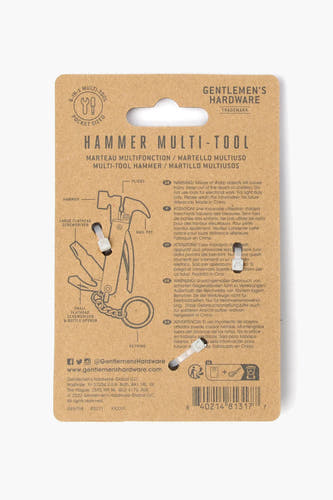 Multicolor hamer-multitool van Gentlemen's Hardware, met productinformatie en waarschuwingen afgebeeld op de verpakking.
