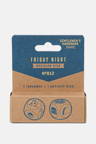 Multicolor cadeau van Gentlemen's Hardware met "Friday Night Decision Dice"-opdruk en dobbelsteen illustraties.
