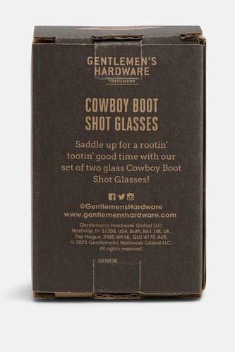 Multicolor cowboy boot shot glasses set van Gentlemen's Hardware, in donkergrijze kartonnen verpakking met goudkleurige tekst, front view