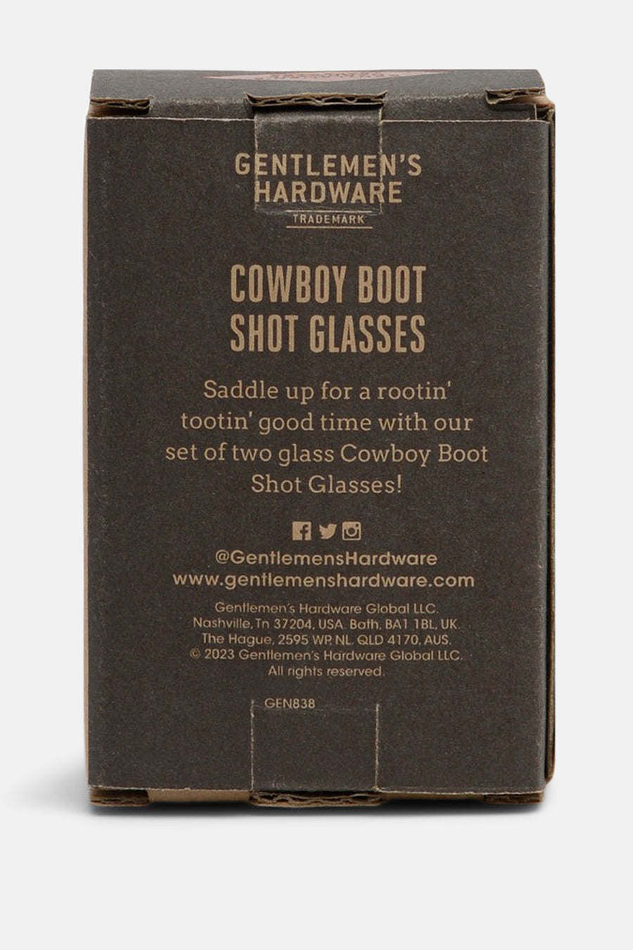 Multicolor cowboy boot shot glasses set van Gentlemen's Hardware, in donkergrijze kartonnen verpakking met goudkleurige tekst, front view